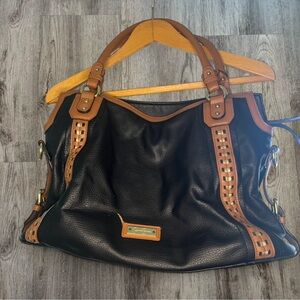 Black Leather Tote Bag w/ Brown Trim & Leopard Print Lining